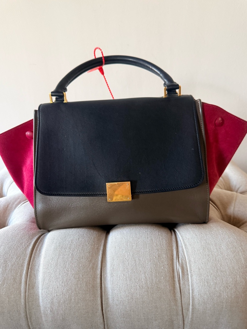 AUTHENTIC Céline Tricolor Small  Trapeze Bag - Brown, Black & Raspberry Suede